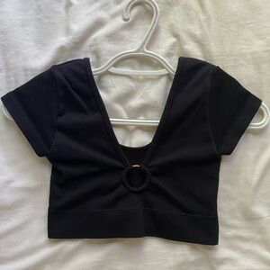 Aerie Black V-Neck Crop Top with Gold Ring